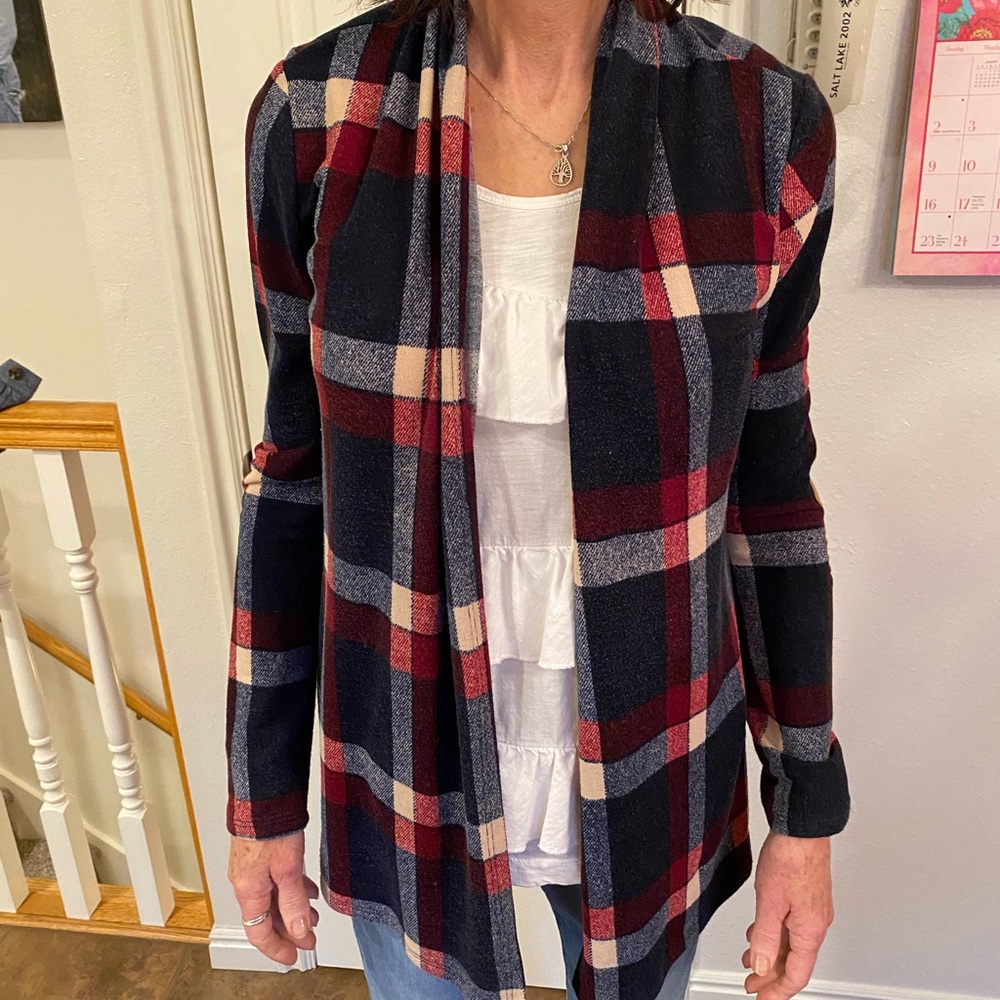 Plaid open front cardigan with patched elbows